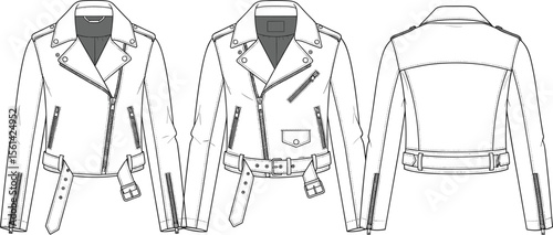 Women's Biker Leather Jacket Technical Fashion Drawing with Asymmetrical Zipper, Notched Lapels, Belted Waist, Zipped Pockets, Front and Back View CAD Illustration Template.
