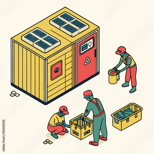 Isometric view of a factory production line with robotic arm, conveyor belt, and product display