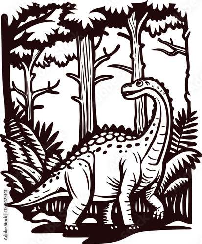 hand drawn vintage illustration of sauropod dinosaur walking in ancient forest among lush ferns and prehistoric trees