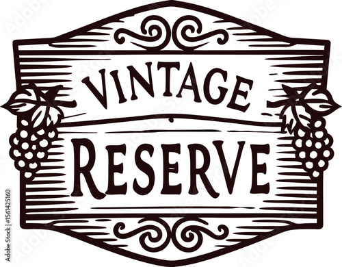 Vintage reserve wine label emblem with grapes and ornate woodcut engraving design