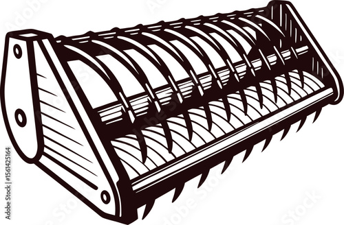 Detailed vintage illustration of a rotary tiller agricultural machine part with curved tines and metal housing