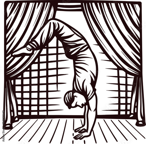 Handstand acrobat performing on theater stage with curtains in vintage woodcut illustration