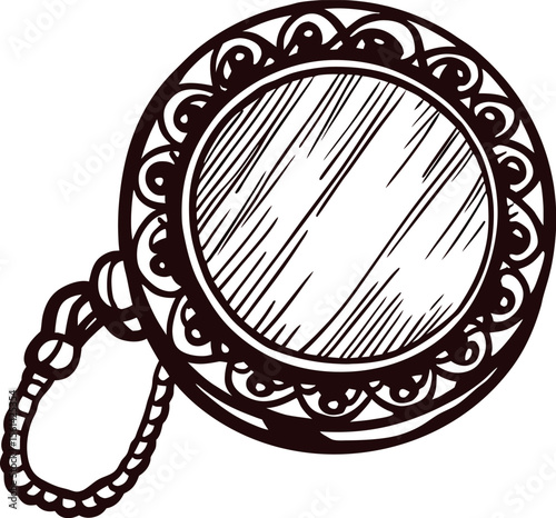 Hand drawn antique round pocket mirror with ornate decorative frame and attached chain isolated on white background