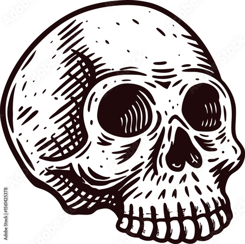 Hand drawn human skull illustration with vintage engraving on white background