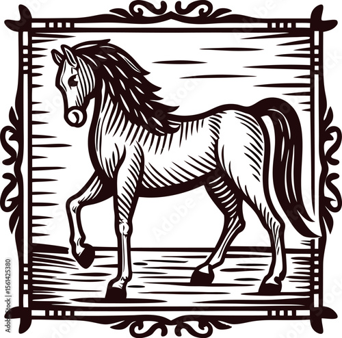 Decorative vintage engraved horse illustration in ornate frame with detailed line art drawing