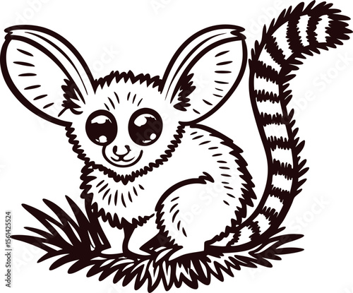 Hand drawn bushbaby galago with large ears sitting in grass vintage sketch black and white illustration