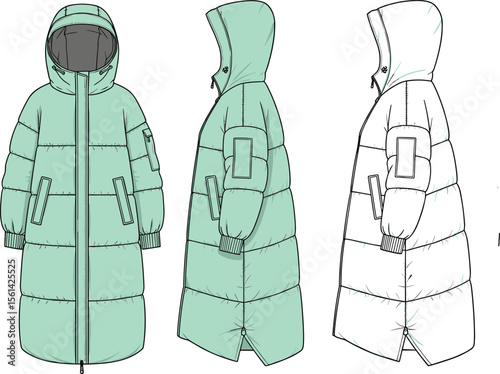Women's Hooded Long Puffer Coat Technical Fashion Drawing with Zipper Closure, Side Pockets, Arm Pocket, Ribbed Cuffs, Front, Back, Side View CAD Illustration.