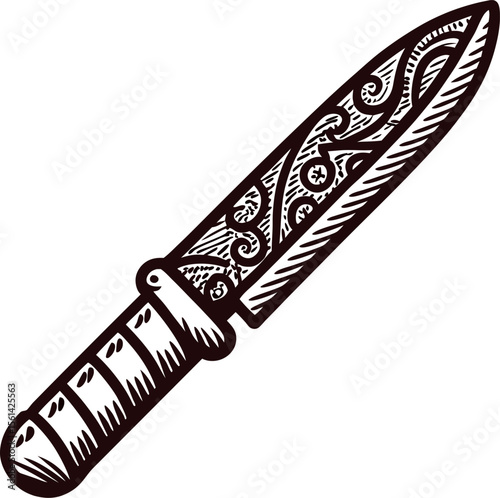 Intricately engraved vintage dagger illustration with ornate patterns and detailed handle design in black and white