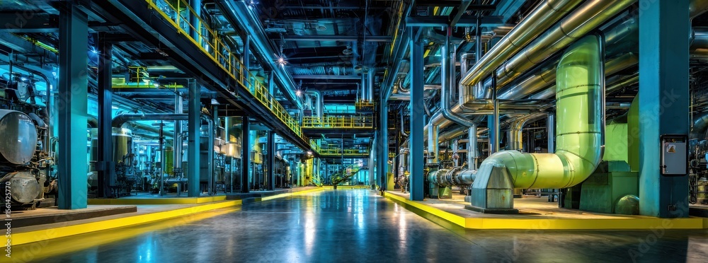 Fototapeta premium In the interior of an industrial plant, there are pipes and instruments, a light blue steel structure, light gold and silver accents.
