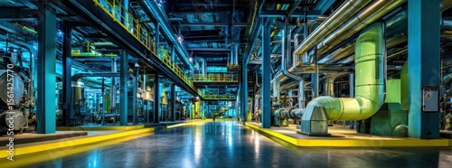 In the interior of an industrial plant, there are pipes and instruments, a light blue steel structure, light gold and silver accents.