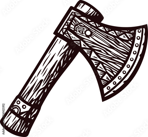 Hand drawn wooden handle axe with engraved tribal design isolated on white background illustration