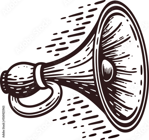Hand drawn vintage megaphone illustration with retro engraved sketch details and dynamic lines on white