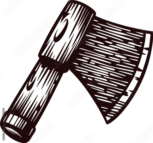 Hand drawn vintage wooden handled axe illustration in monochrome isolated on white background