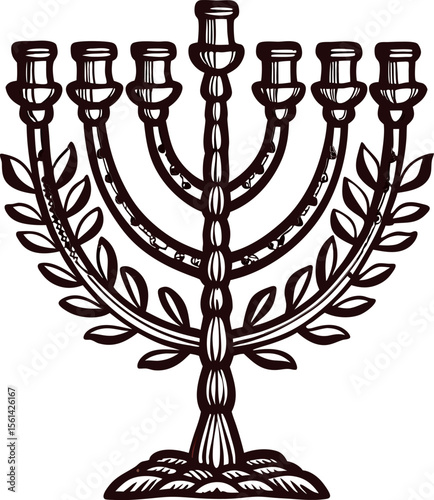 Vintage engraved menorah illustration with seven branches and decorative leaves on white background