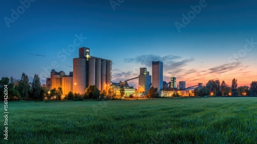 Landscape of a cement factory at sunset in front of the grain silo and building with illuminated industrial buildings on a green grass meadow.