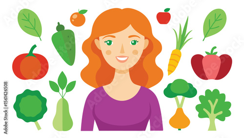 Woman with various vegetables on white background vector illustration.