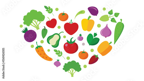 Simple vegetable background in heart shape of different vegetables vector illustration.