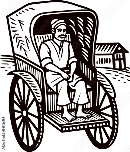 Woodcut illustration of a smiling man sitting in a traditional rickshaw with village background