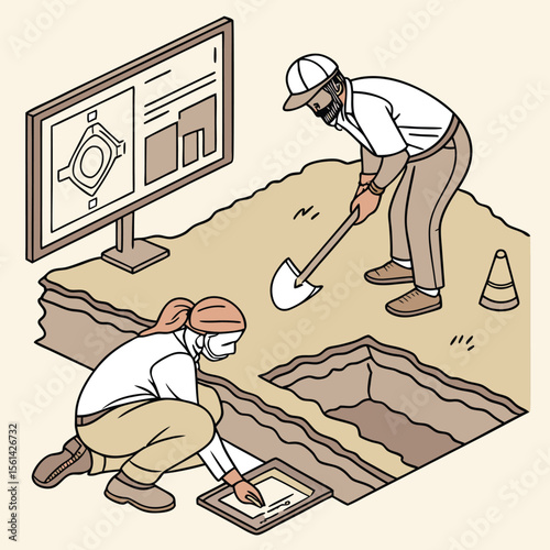 People working at an archeological dig site with a monitor showing a diagram of the excavation site