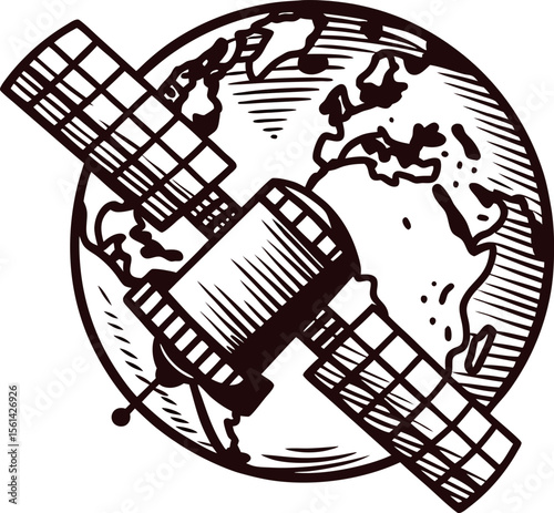 Hand drawn satellite orbiting earth planet illustration vintage engraved communication technology drawing