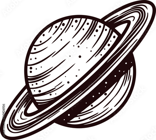 Hand drawn illustration of saturn planet with rings in vintage engraving on white background