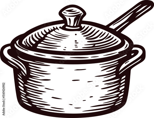 Hand drawn lidded cooking pot with handle vintage sketch of kitchenware isolated on white background