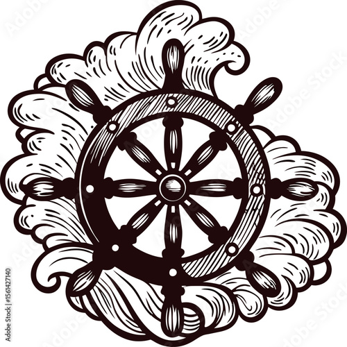 Vintage engraved ship wheel with swirling ocean waves nautical steering helm illustration in classic retro