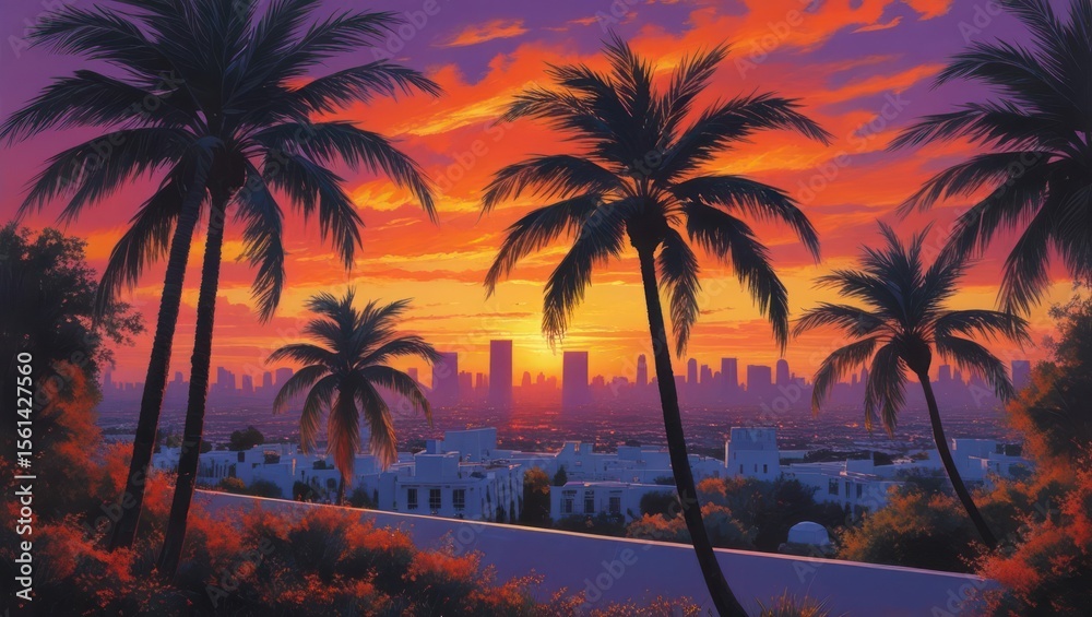 Obraz premium Sunset cityscape with palm trees.