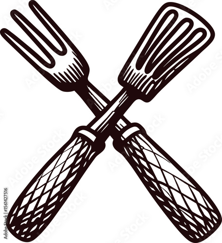 Vintage engraved illustration of crossed grill fork and spatula with textured handles isolated on white background