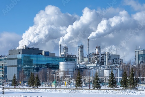 Wallpaper Mural A large chemical plant with smoke coming out of the chimneys, against a blue sky. The industrial building has white tanks and pipes for the production of translucent and shiny materials. Torontodigital.ca