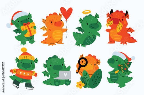Cartoon dragons depict diverse scenarios on a white background