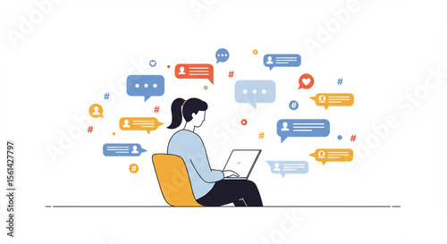 Woman using laptop, surrounded by digital communication bubbles, indicating online interaction and engagement.