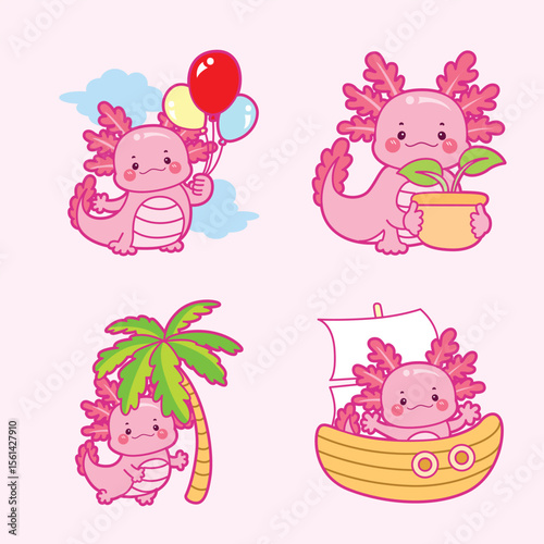 Axolotl with balloons plant tree  boat cute vector cartoon