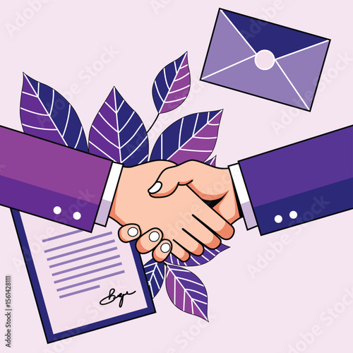 handshake between two businessmen illustration with empleop and paper