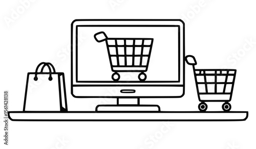 Online shopping illustration with shopping cart and laptop. Vector illustration for e-commerce.
