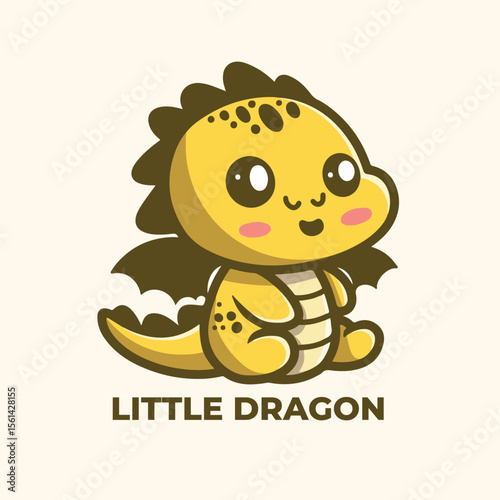 Cute yellow cartoon dragon sitting with little wings and spots