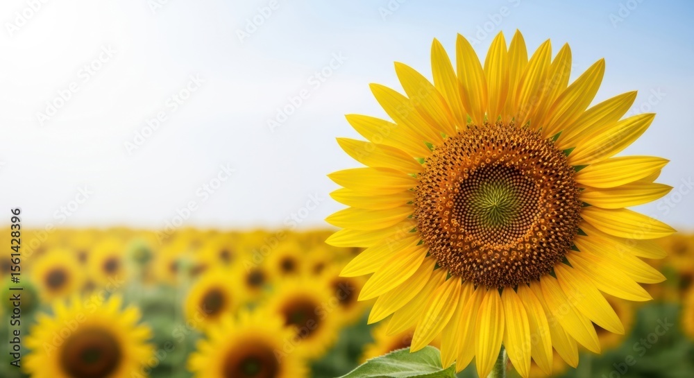 Fototapeta premium Close-up photo of sunflower fields and blue sky,ひまわり畑と青空のクローズアップ写真
