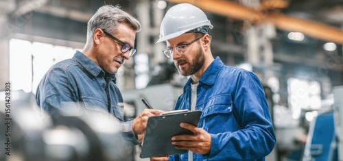 Engineer and worker discussing over clipboard in warehouse. This is a freight transportation and distribution warehouse. Industrial and industrial workers concept