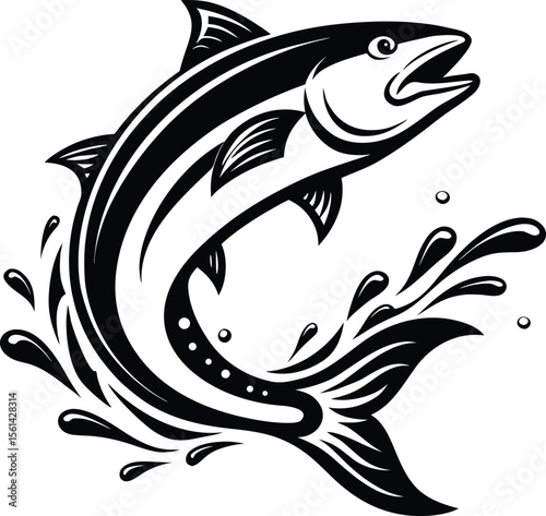 Sleek Black Outline Of A Salmon With Water Splash
