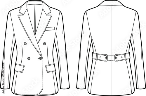 Women's Double-Breasted Blazer Technical Fashion Drawing with Notched Lapels, Flap Pockets, Chest Welt Pocket, and Back Belt Detail, Front and Back View CAD Illustration Template.