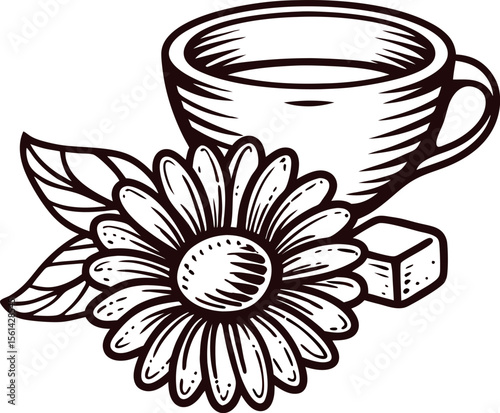 Hand drawn chamomile tea cup with sugar cubes and flower, vintage botanical sketch illustration