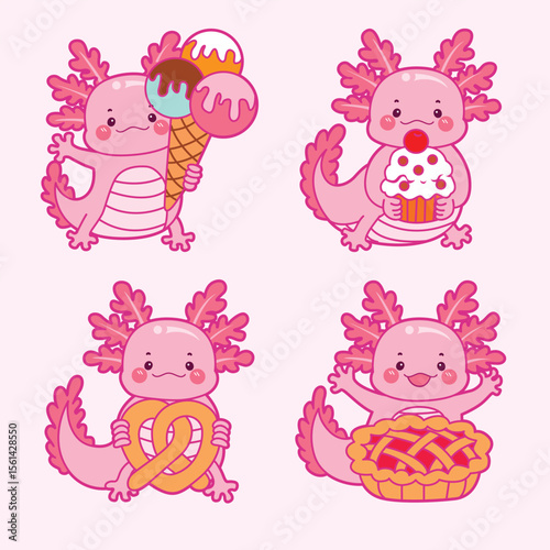 Four cartoon pink axolotls holding treats like ice cream a cupcake pretzel and pie