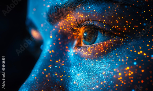 Close up of human eye and face with glowing orange digital particles on blue skin, futuristic technology and artificial intelligence concept