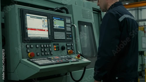 Male Technician Operating CNC Machine Control Panel Inside Industrial Facility