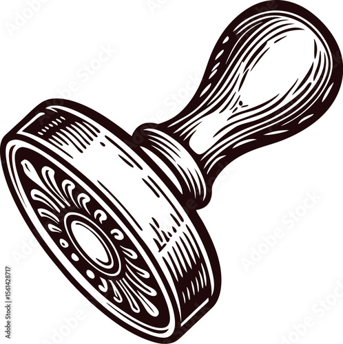 Vintage engraved wooden rubber stamp with ornate sunburst design and handle isolated on white background illustration