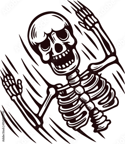 Engraved illustration of falling human skeleton with outstretched arms and dramatic motion lines on white background