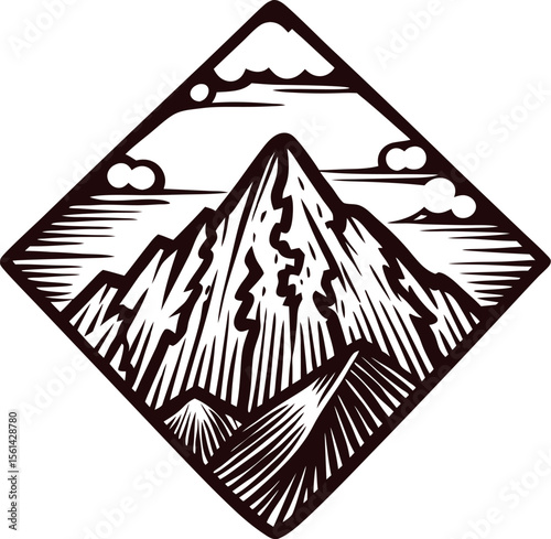 Hand drawn mountain peaks in diamond frame with clouds and sky in vintage engraved illustration