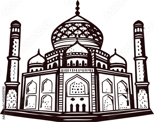 Intricate hand drawn domed palace illustration with towers and arches in vintage engraved