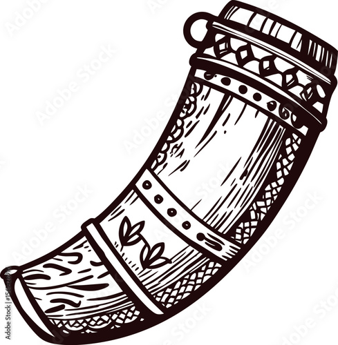Vintage engraved illustration of a decorated wooden drinking horn with ornate patterns