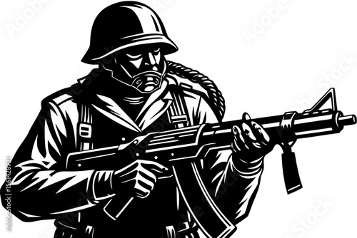 Black and White Vector Graphic of a Soldier with a Gas Mask and Rifle